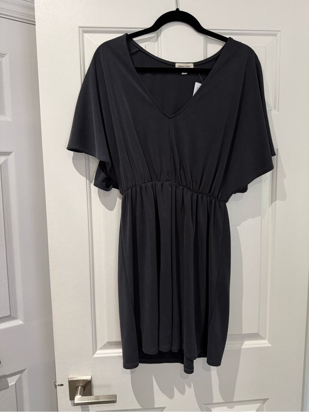 silence + noise Charcoal V-Neck Short Sleeve Gathered Waist Dress